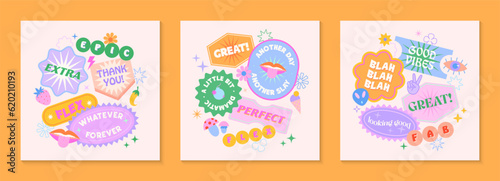 Fotografering Vector set of cute templates with patches and stickers in 90s style