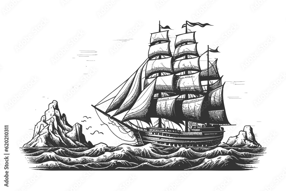 Pirate ship sailboat retro sketch hand drawn. Vector illustration ...