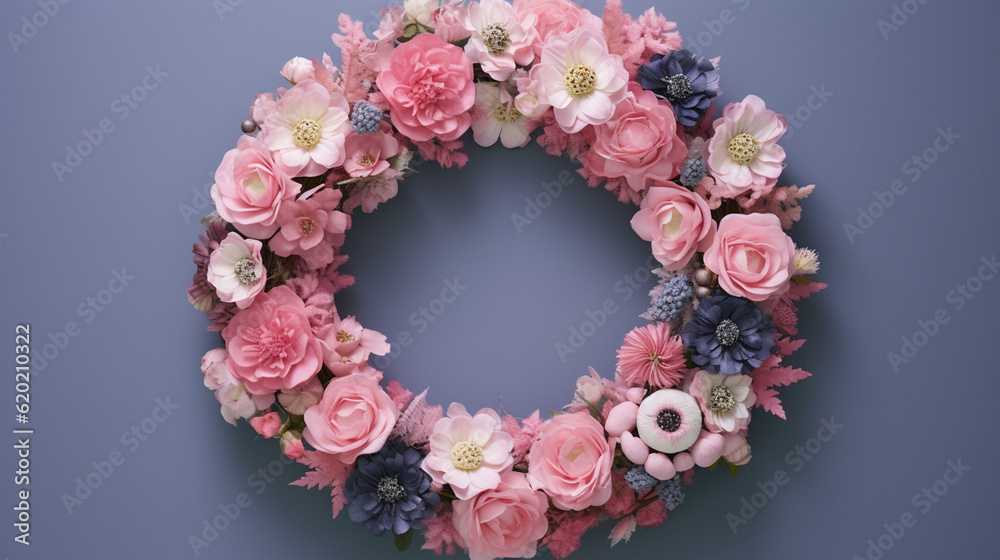 Floral Wreath on Purple Background with Copy Space - Overhead View with Beautiful Circular Flower Blooms - Generative AI Floral Wreath on Purple Background with Copy Space - Overhead View with Beautiful Circular Flower Blooms - Generative AI