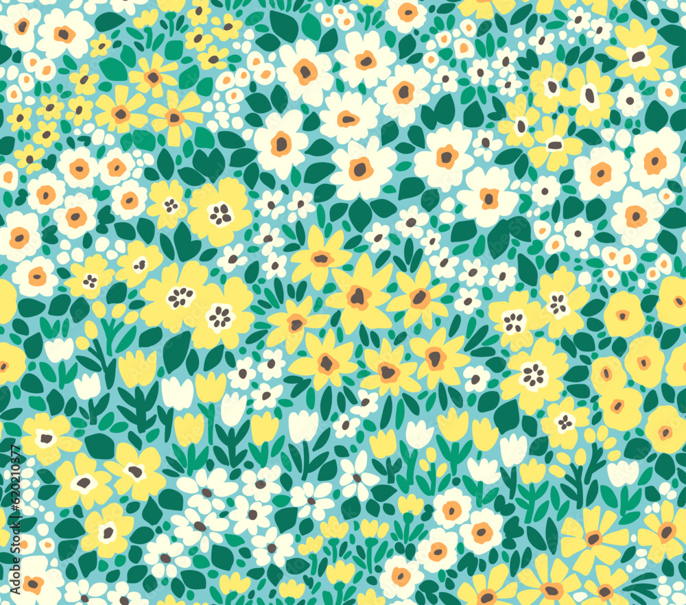 Cute floral pattern in the small flowers. Seamless vector texture. Delicate template for fashion prints. Printing with small yellow and white flowers.  Emerald green background. Stock print.