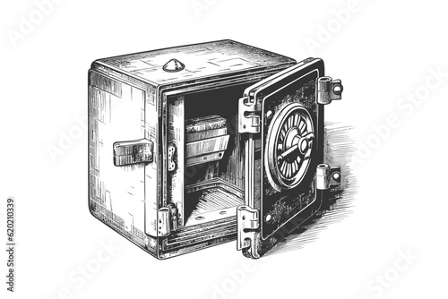 Retro safe with open door sketch hand drawn. Vector illustration design.