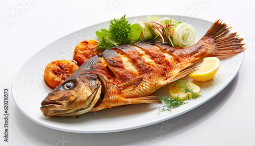 Delicious grilled seabream fish with lemon slices