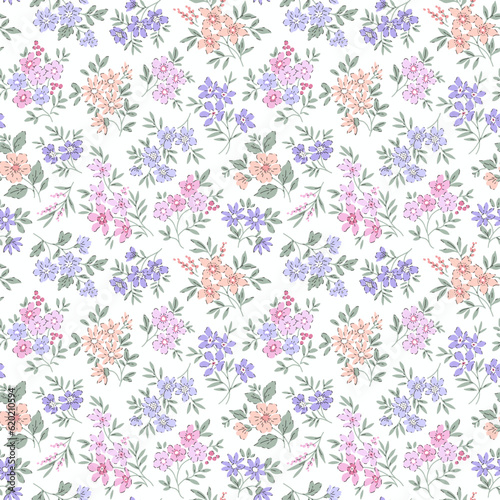 Vector seamless pattern. Pretty pattern in small flowers. Small  pastel colors flowers. White background. Ditsy floral background. Delicate template for  fashion textile prints. Stock vector.