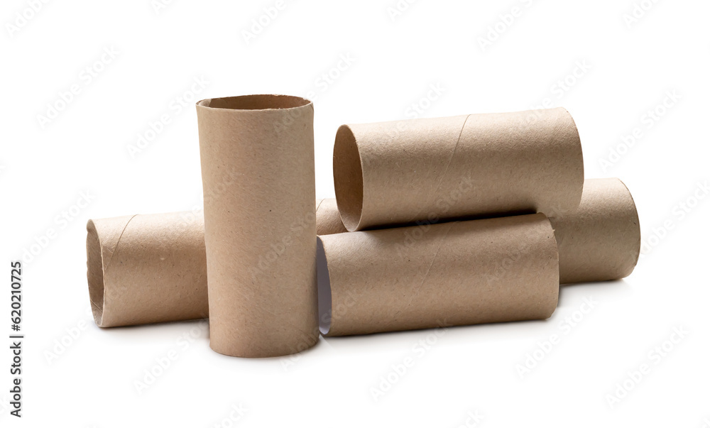 Long and short tissue paper cores in stack isolated on white background ...