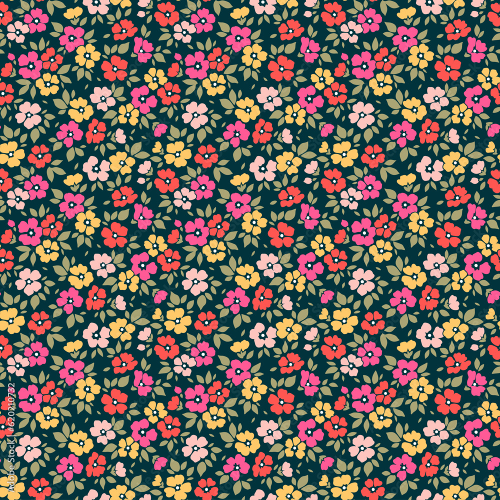 Ditsy floral pattern. Abstract flowers on navy blue background. Printing with small colorful flowers. Cute print. Seamless vector texture. Vintage motif. Ditsy floral pattern. Abstract flowers on navy blue background. Printing with small colorful flowers. Cute print. Seamless vector texture. Vintage motif.