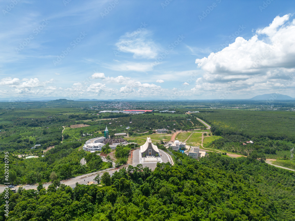Aerial view of church on a Nui Cui mountain in Dong Nai province, Vietnam. Aerial view of church on a Nui Cui mountain in Dong Nai province, Vietnam.