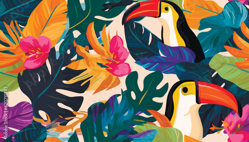 Modern exotic jungle pattern with toucan bird. Collage contemporary seamless pattern. Hand drawn cartoon style pattern. photo