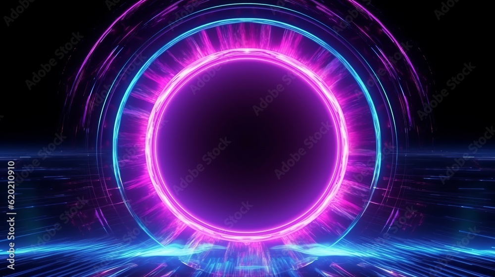 Illustration of a circular neon frame on a black background