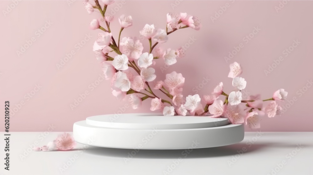 Illustration of a white podium with flowers on pink background