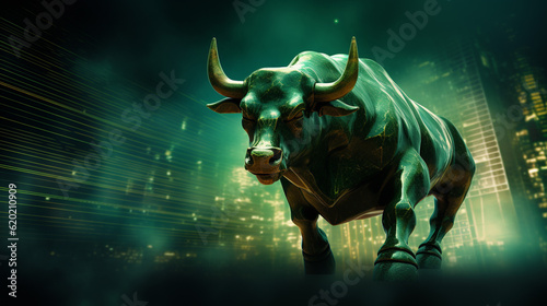 Green Bull market run on border upward presents uptrend stock market, Financial and business concept. photo