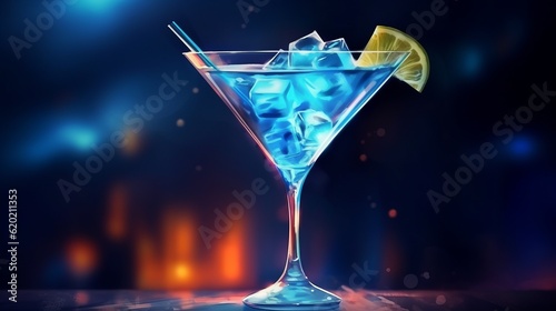 Illustration of a refreshing blue cocktail with ice and a slice of lemon