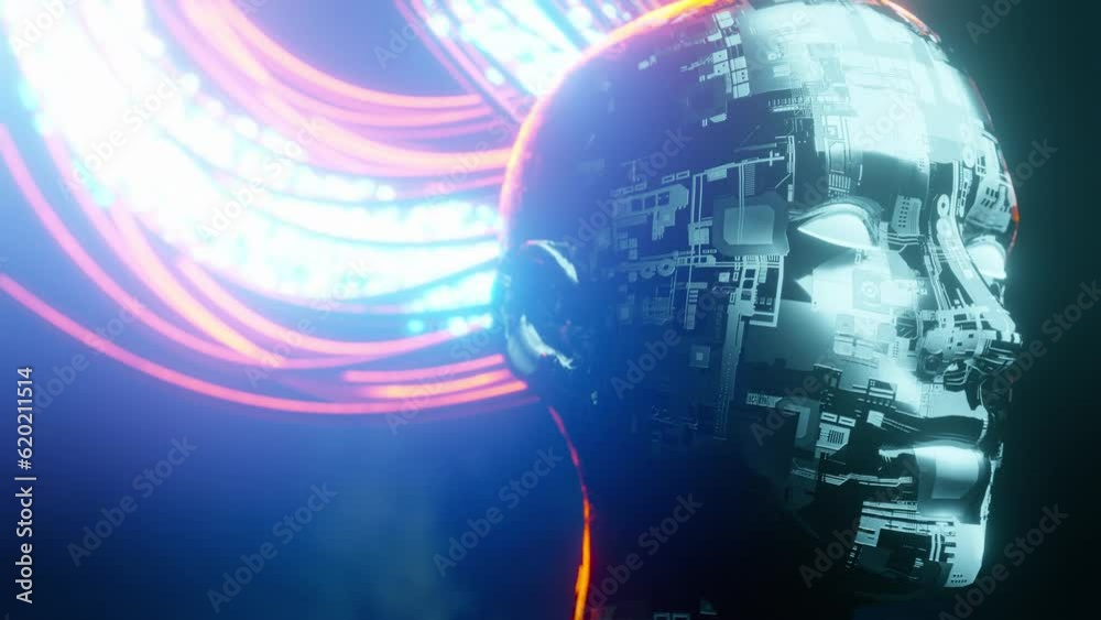 AI robot connected to grid. Concept of future human, general artificial intelligence, machine learning, data streaming