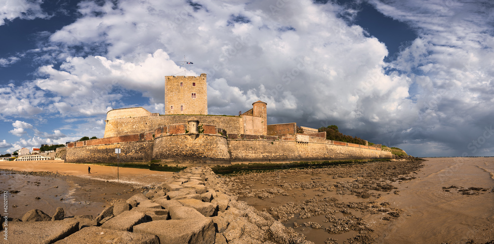 Fort Vauban de Fouras seen from the seaside during sunset with a storm coming in, Fouras, France