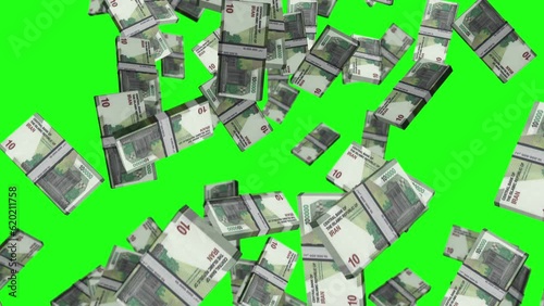 Iranian Rial 100000 IRR banknote packs falling loop. Iran money note fall. 3D seamless looped isolated abstract concept of economy, finance, crisis, success and banking. Green screen.