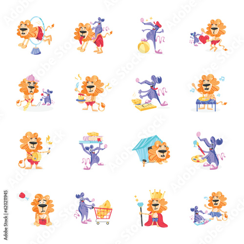 Trendy Set of Animals Playing Flat Stickers 

