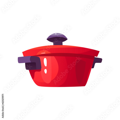 Kitchen Pot Isolated. Red Saucepan. Clipart Vector Illustration in Cartoon Style.