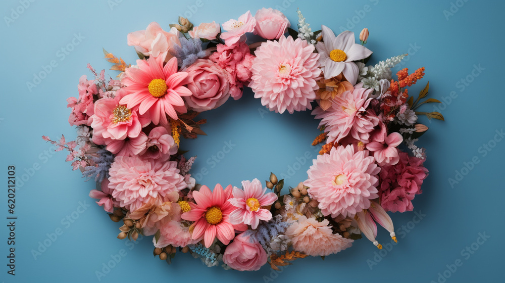 Floral Wreath on Blue Pastel Gradient Background with Copy Space - Overhead Craft View with Beautiful Circular Flower Blooms - Generative AI Floral Wreath on Blue Pastel Gradient Background with Copy Space - Overhead Craft View with Beautiful Circular Flower Blooms - Generative AI