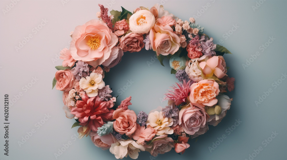 Floral Wreath on Blue Pastel Gradient Background with Copy Space - Overhead Craft View with Beautiful Circular Flower Blooms - Generative AI Floral Wreath on Blue Pastel Gradient Background with Copy Space - Overhead Craft View with Beautiful Circular Flower Blooms - Generative AI