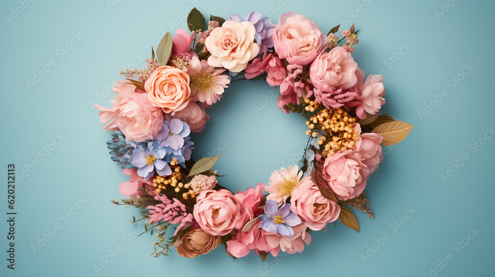Floral Wreath on Blue Pastel Gradient Background with Copy Space - Overhead Craft View with Beautiful Circular Flower Blooms - Generative AI