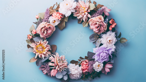 Floral Wreath on Blue Pastel Gradient Background with Copy Space - Overhead Craft View with Beautiful Circular Flower Blooms - Generative AI