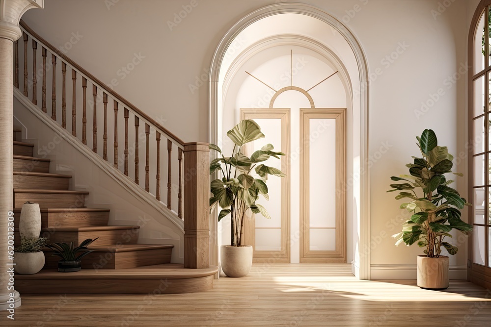a modern entrance in an elegant home with wooden floors Generative AI a modern entrance in an elegant home with wooden floors Generative AI