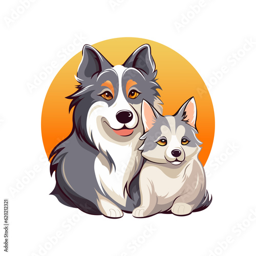 Happy cartoon puppy with mom, portrait of cute dogs. Dog friend. Vector illustration. Dog logo. Best friends.