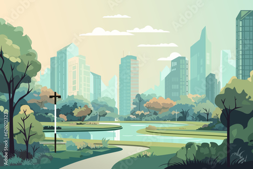 City park with green trees, a path, a river and a lantern against the backdrop of a business center.  Landscape of a modern city park. 