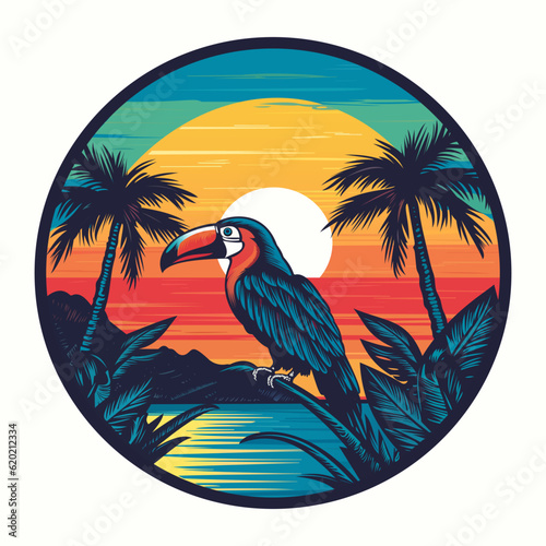 Beach logo. Paradise place logo with a parrot on a palm tree. Palm tree with colorful retro bird prints.