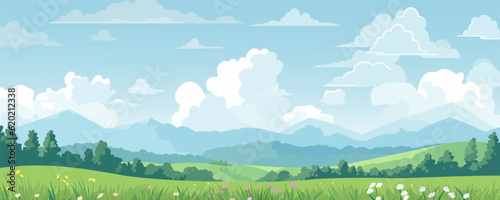 Beautiful landscape. Wonderful landscape of green fields and meadows against the backdrop of mountains. Vector illustration