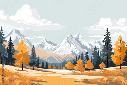 Beautiful autumn landscape of mountains and forest. Big mountains and autumn forest. vector illustration.