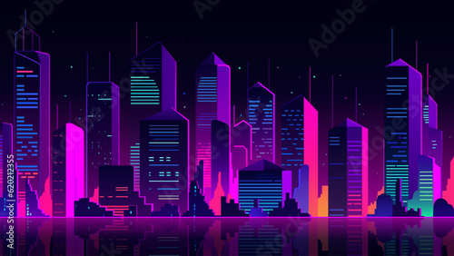 City night landscape. Urban spanking on the background of the city. Futuristic night city. City night landscape with bright and glowing neon purple and blue lights. Vector illustration.
