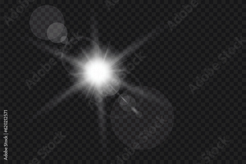 Lens flare and sunlight transparent effect. Vector sun flash with rays, flares and spotlight on black background. Opacity sun vector image.