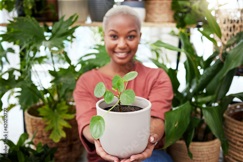 Black woman, plant and nature, gardening and sustainability with environment. African female person, eco friendly and smile in portrait, happy with botany and green leaves, sprout in soil with growth