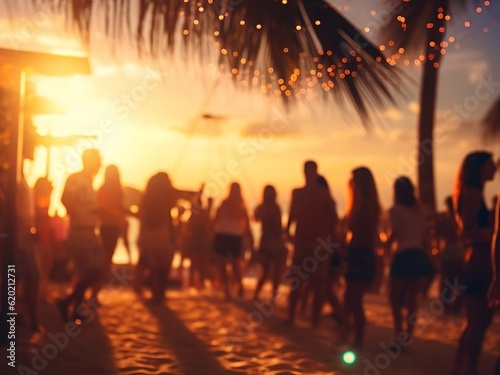 Blurred background of many people had fun at a beach party. Generative AI