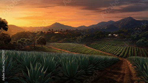 Agave tequilana, Sunset landscape of a tequila plantation.