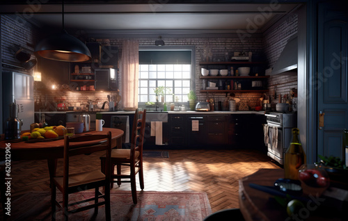 Cozy kitchen rustic interior created with Generative AI technology © Edi
