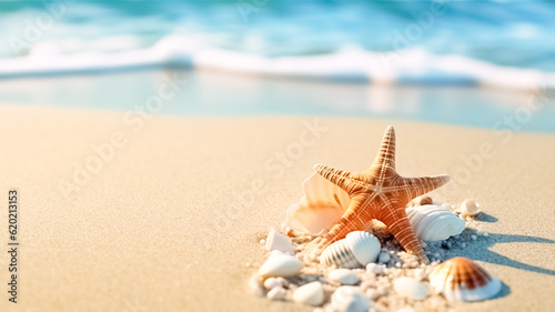Shells and star on sand beach near wavy turquoise sea water. Beach vacation concept background.