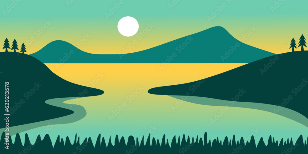 Flat mountain vector illustration. Landscape illustration design template with picture of beautiful mountains and trees.
