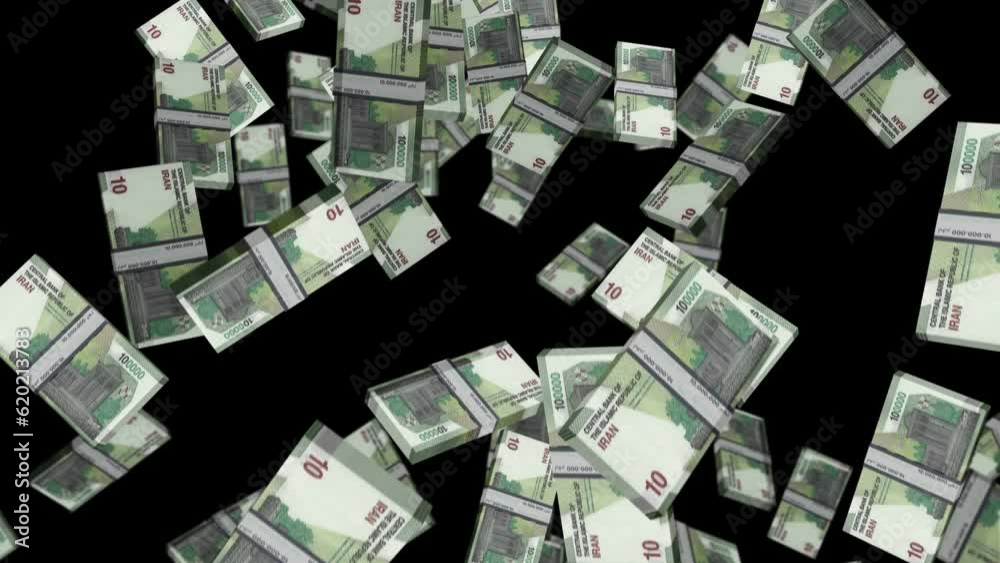 Iranian Rial 100000 IRR banknote packs falling loop. Iran money note fall. 3D seamless looped isolated abstract concept of economy, finance, crisis, success and banking. Iranian Rial 100000 IRR banknote packs falling loop. Iran money note fall. 3D seamless looped isolated abstract concept of economy, finance, crisis, success and banking.