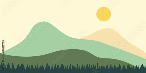 Flat mountain vector illustration. Landscape illustration design template with picture of beautiful mountains and trees.