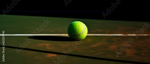 Close-up on tennis ball on sunny day. View of tennis grass court. Sport lifestyle background. Summer template or banner. The concept of outdoor game sports.Generative ai © Inai
