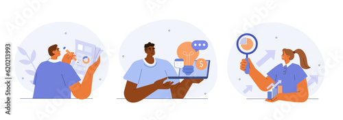 Digital business concept illustration. Collections of men and women characters working together on project, analyzing report, graphs, charts and other business data. Vector illustrations set.
