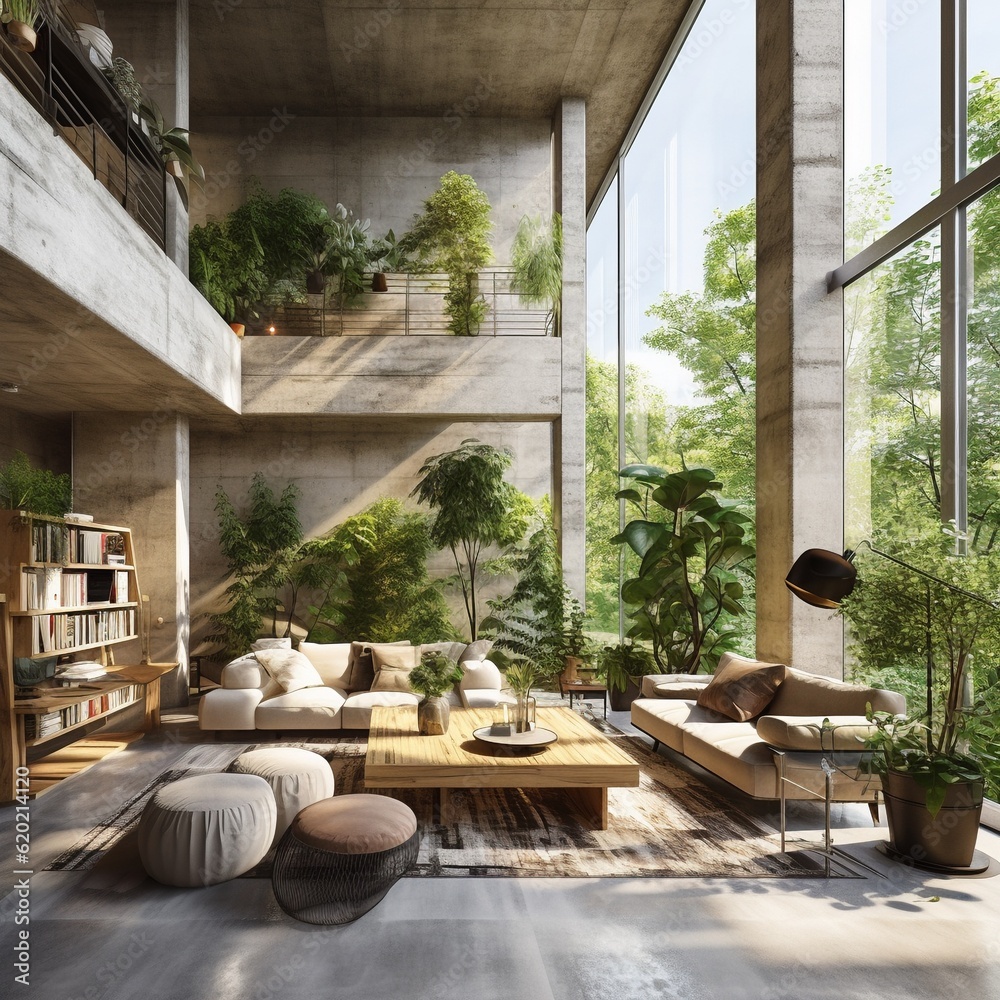 Stylish minimalist living room interior with green plants. Modernist huge concrete interior. concrete walls and huge window green plants. A modern and well-designed interior. Generative AI