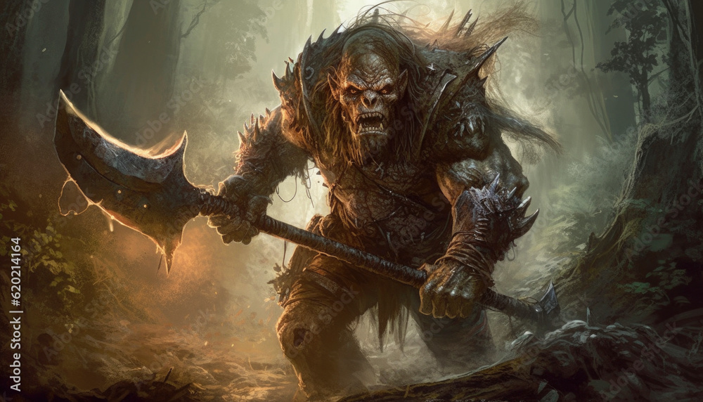 Mean and ugly orc warrior looking angry with his big weapon in a forest ...