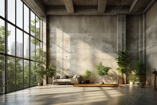 Stylish minimalist living room interior. Modernist huge concrete interior. Dark concrete walls and huge window with green plants in the background. A modern and well-designed interior. Generative AI