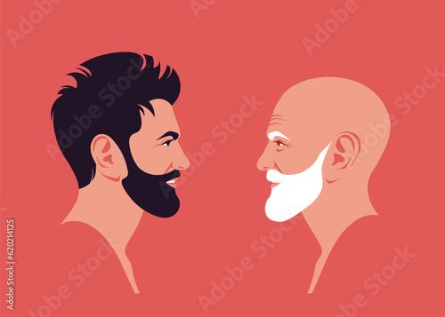 Faces of two smiling men with beards in profile. Side view. Aging process. Vector flat illustration
