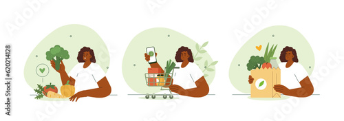 Grocery food concept illustration. Collections women characters buying online fresh organic vegetables and other groceries, putting in shopping cart and receiving delivery. Vector illustrations set.