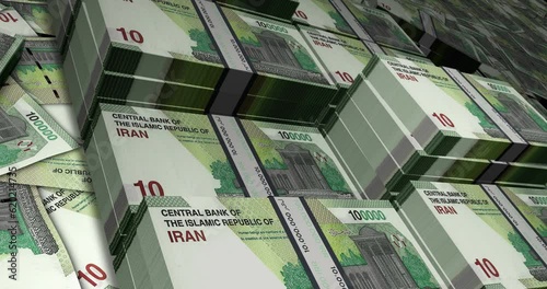 Iranian Rial 100000 IRR banknote pack pile loop. Flying over money stack Iran note. 3D Abstract concept of business, economy, finance, crisis and banking.