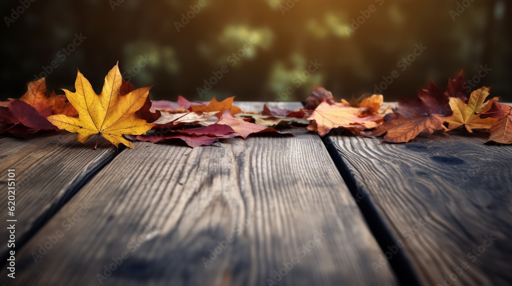 Obraz premium Empty wooden table for product display background, banner and product advertisement with autumn leaves, generative ai