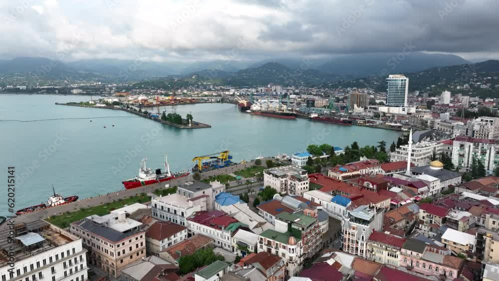 Aerial view of beautiful Batumi coastline. Black Sea touristic dock, Batumi port, harbor and bay. Cityscape of Batumi Aerial view of beautiful Batumi coastline. Black Sea touristic dock, Batumi port, harbor and bay. Cityscape of Batumi